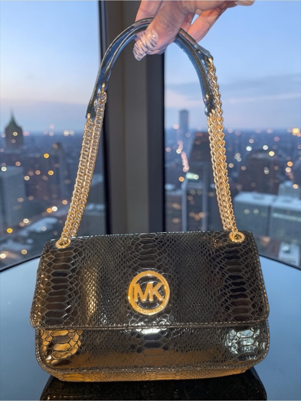 Michael Kors Fulton Small Flap Shoulder Bag – Black Python-Emossed Leather